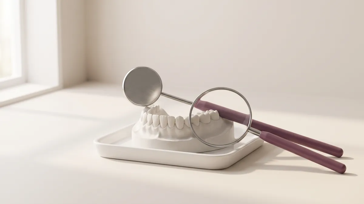A white dental model on a tray, with a dental mirror and a magnifier with plum handles resting against it