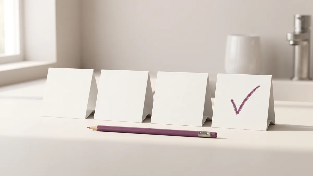 Four small white cards standing on a pale counter, the last one ticked in plum, with a plum pencil in front